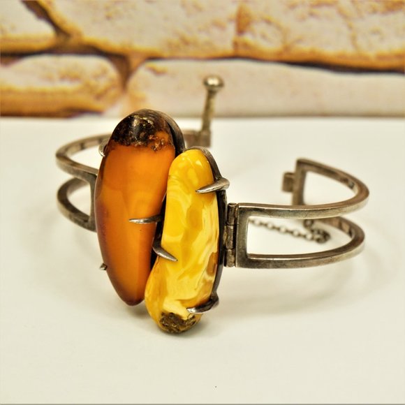 SUPER RARE MODERNIST AMBER STERLING BRACELET, HEAVY HINGED BANGLE 7" - Picture 5 of 11